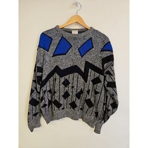 Vintage Men's Knit Sweater Size L Gray and Blue Grandpacore Cosby 80s Casual